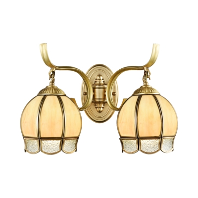 Frosted Glass Brass Sconce Light Dome Shade 1/2-Head Vintage Wall Mounted Lighting with Textured Scalloped Edge