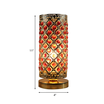 Gold Cylindrical Table Lamp Modernist Red Opulent Inlaid Crystal 1 Bulb Bedroom Night Light
