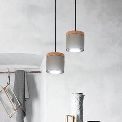 Grey and Wood LED Hanging Light Kit Industrial Cement Cylinder Pendant Lamp Fixture in White/Warm Light