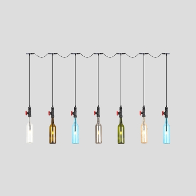 Industrial Bottle LED Multi-Light Pendant 3/5/7-Head Colorful Glass Tandem Hanging Ceiling Lamp in Black