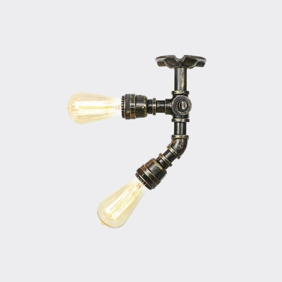 Industrial Water Pipe Semi Flush Ceiling Light 2 Bulbs Iron Flush Mounted Lamp in Bronze