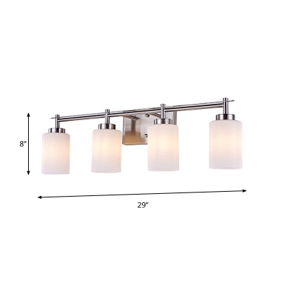 Iron Chrome Finish Vanity Lighting Linear 3/4 Heads Bathroom Wall Sconce with Cylindrical White Glass Shade