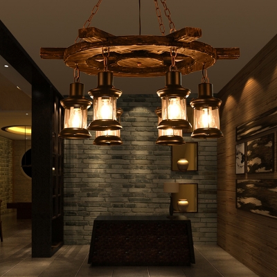 Kerosene Clear Glass Pendant Chandelier Warehouse 6 Heads Dining Room Ceiling Lamp in Black/Grey with Wood Rudder Deco