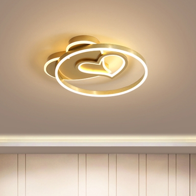 LED Bedroom Flush Mount Lamp Cartoon Gold Finish Ceiling Light Fixture with Heart Acrylic Shade