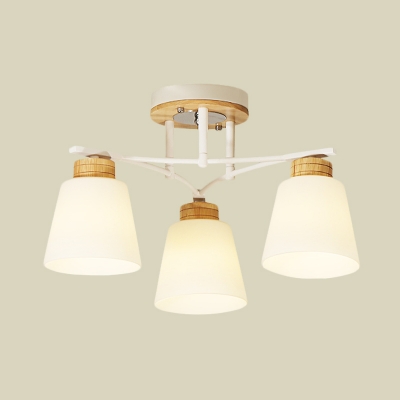 Modernism 3/5 Heads Semi Flush Light White and Wood Barrel Flush Ceiling Lamp with Cream Glass Shade