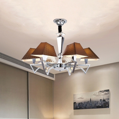 Modernism 6-Head Pendant Chandelier Chrome Sputnik Hanging Ceiling Light with Brown Fabric Shade