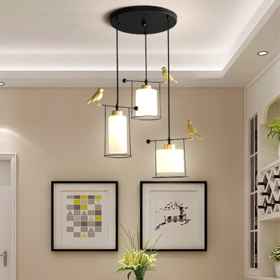 Modernism Cylinder Multi Light Pendant Cream/Smoke Gray Glass 3 Bulbs Dining Room Ceiling Lamp with Gold Bird Deco