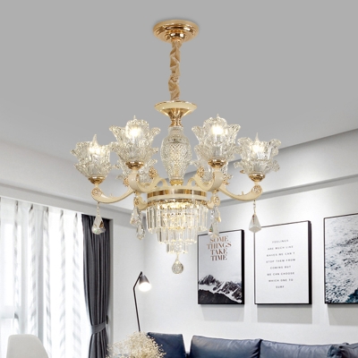 Modernist Blossom Pendant 6 Heads Clear Glass Chandelier Light in Gold with Crystal Draping