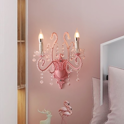Pink Finish Candle Wall Mount Light Cartoon 1/2-Bulb Metal Wall Sconce Lamp with Crystal Deco