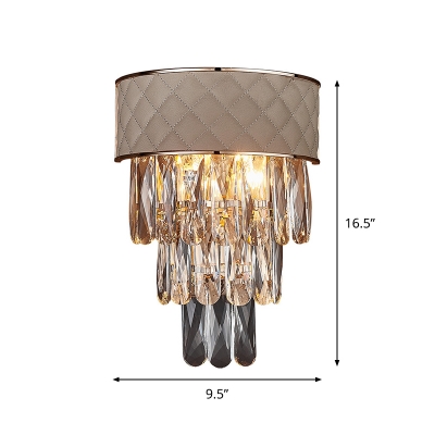 Prismatic Crystal Tiers Wall Lighting Modern 2 Lights Living Room Sconce Light with Trellis Leather Decor in Grey