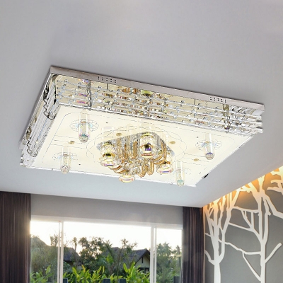 Rectangular Living Room Flush Mount Contemporary Faceted Crystal LED Chrome Ceiling Flush