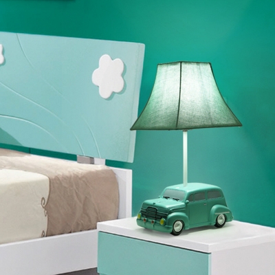 Resin Car-Like Night Table Lighting Cartoon LED Green Night Lamp with Empire Fabric Shade