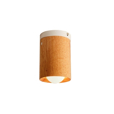 Simple 1 Bulb Flush Mount Fixture Beige Tube Flush Ceiling Lighting with Wood Shade