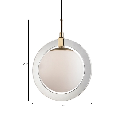 Simple Ball Cream Glass Hanging Lamp 1 Light Suspension Lighting with Acrylic Ring Guard