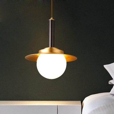 Sphere Down Lighting Pendant Postmodern Ivory Glass Single Dining Table Suspension Light with Brass Flat Cap