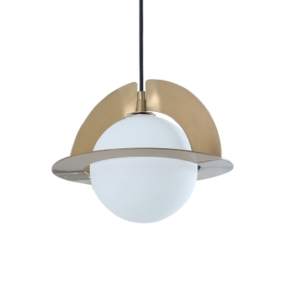 Sphere Milk White Glass Pendant Post Modern 1-Light Gold Finish Hanging Ceiling Lamp with Panel Detail