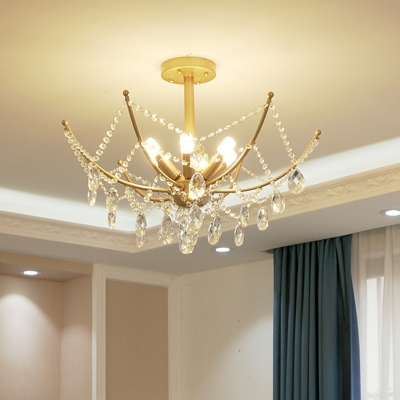 Spider Web Shape Crystal Swag Semi Flush Traditional 6/8 Bulbs Living Room Flushmount Light in Gold