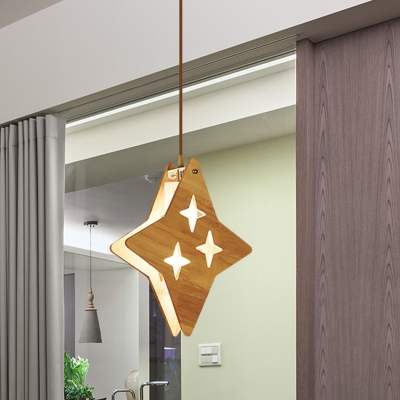 Star/Moon Wood Hanging Light Kit Cartoon 1 Light Beige Ceiling Pendant Lamp for Restaurant