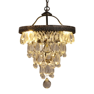 Tapering Crystal Drip Chandelier Traditional 3 Bulbs Bedroom Hanging Light Fixture with Black Trim