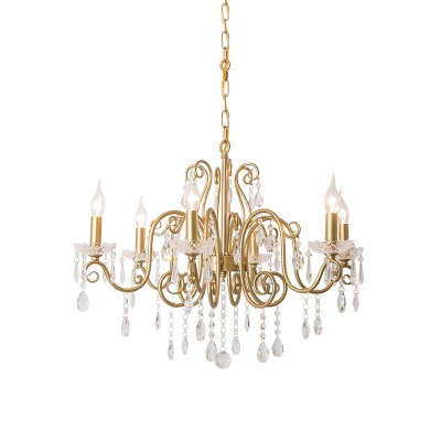 Traditional Scrolls Suspension Light 6-Bulb Metallic Ceiling Chandelier in Gold with Crystal Accent