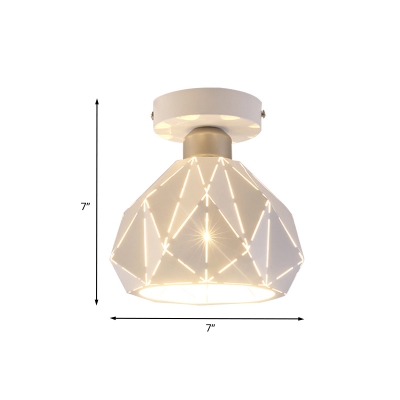 White Finish Diamond Semi Flush Lighting Modernist 1-Bulb Iron Flushmount Lamp for Hallway