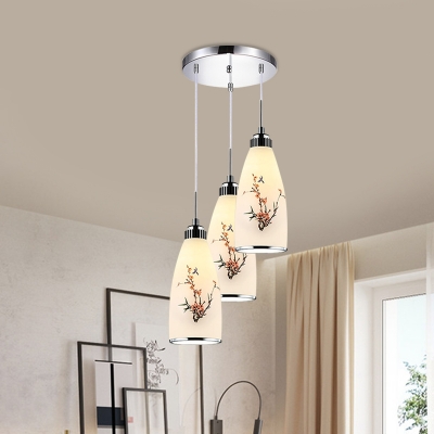 White Glass Bottle Multi Pendant Country 3 Lights Dining Room Ceiling Lamp with Butterfly/Flower/Birds Pattern and Round/Linear Canopy