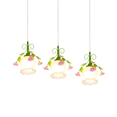White Glass Flower Multi Pendant Light Farmhouse Korean 3-Light Living Room Hanging Lamp in Green with Round/Linear Canopy