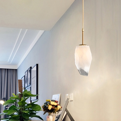 White Glass Gemstone Shape Pendant Minimalist Single Bulb Ceiling Suspension Lamp in Brass