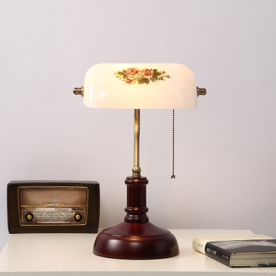 White Print Glass Half Cylinder Table Lamp Vintage 1-Bulb Study Room Reading Light with Pull Chain