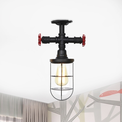 Wire Cage Hallway Semi Flush Light Vintage Clear Glass 1 Light Black Flush Mounted Lamp