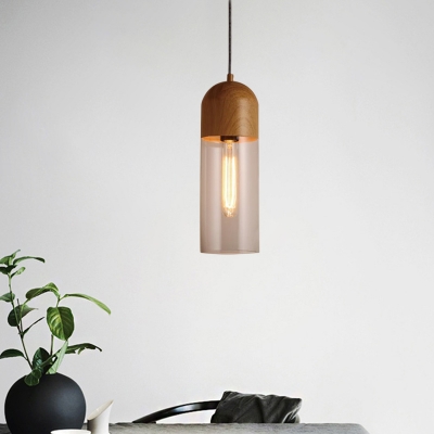 Wood Half Capsule Pendant Light Modern 1 Head Clear Glass Hanging Ceiling Lamp for Bedroom