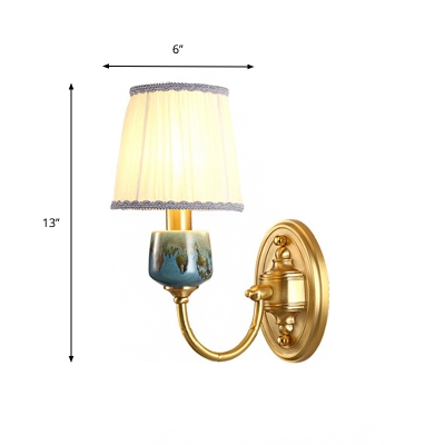 1/2-Bulb Wall Sconce Traditional Bedroom Wall Lighting with Barrel White Fabric Shade in Brass