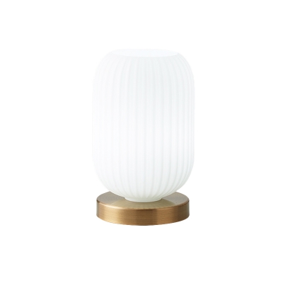 1 Head Bedroom Table Light Minimalism Brass Night Lamp with Cylinder White Ribbed Glass Shade