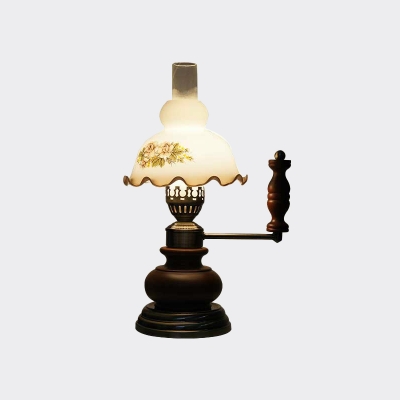 1 Head Nightstand Light Antiqued Bedroom Night Table Lamp with Floral White Print Glass Shade