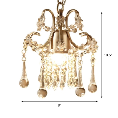 1-Light Crystal Drip Drop Pendant Antique Gold Bell Dining Table Ceiling Hanging Light with Swirl Arm
