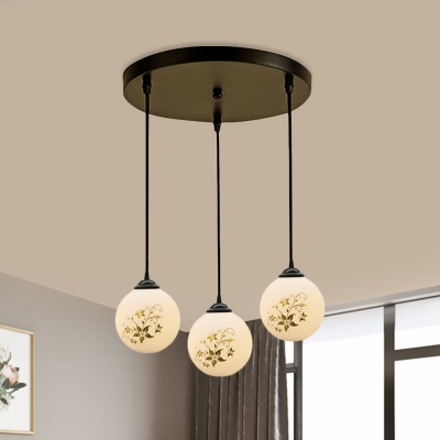 3 Bulbs Multiple Hanging Light Pastoral Dining Room Blossom Pattern Drop Pendant with Globe White Glass Shade with Round/Linear Canopy