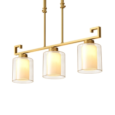 3 Lights Island Pendant Traditional 2-Shade Cylindrical Clear and Frosted Glass Hanging Lamp in Brass