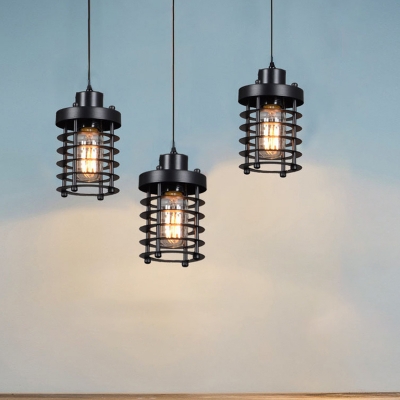 3 Lights Metal Multi-Pendant Light Industrial Black Cylinder Frame Restaurant Suspension Lamp