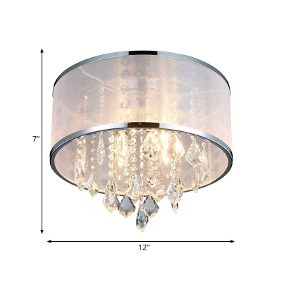 4-Head Fabric Flush Mount Light Simple Chrome Drum Bedroom Ceiling Lamp with Clear Crystal Drop