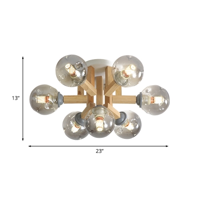 5/7-Bulb Bedroom Semi-Flush Mount Designer Wood Close to Ceiling Light with Orb Smoke Gray Dimpled Glass Shade