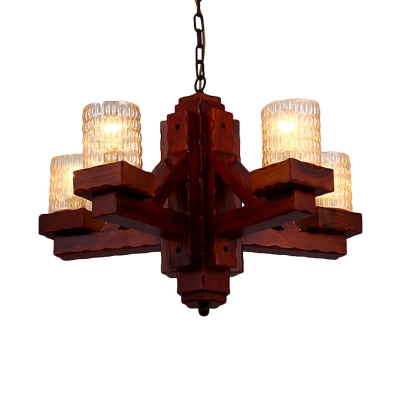 5 Lights Clear Glass Ceiling Chandelier Countryside Brown Cylinder Living Room Pendant Light Kit with Wood Arm