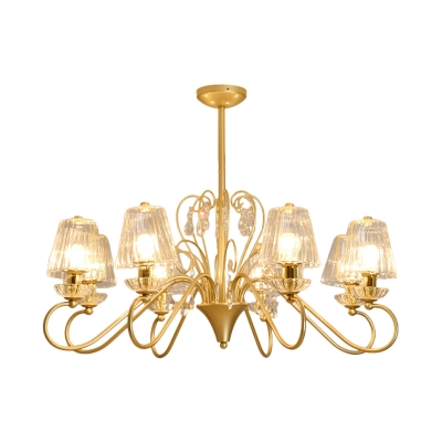 6/8 Heads Clear Ribbed Crystal Chandelier Modern Gold/Black-Gold Scroll Arm Bedroom Hanging Light Fixture with Tapered Lampshade
