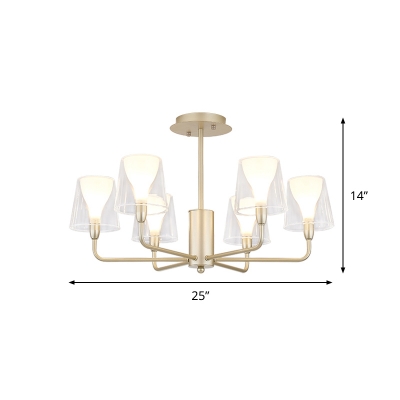 6 Bulbs Bedroom Pendant Chandelier Modernism Gold Radial Hanging Light with Barrel Clear Glass Shade