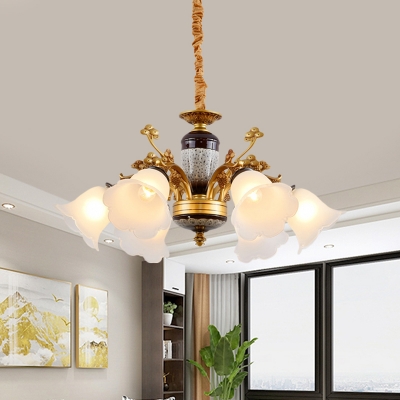 6-Head Floral Drop Pendant Light Vintage Gold Finish Frosted Glass Ceiling Chandelier
