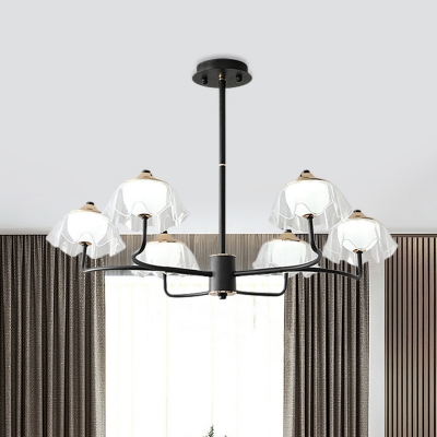 6 Lights Dining Room Ceiling Chandelier Modernist Black LED Pendant Lamp with Ruffle Acrylic Shade