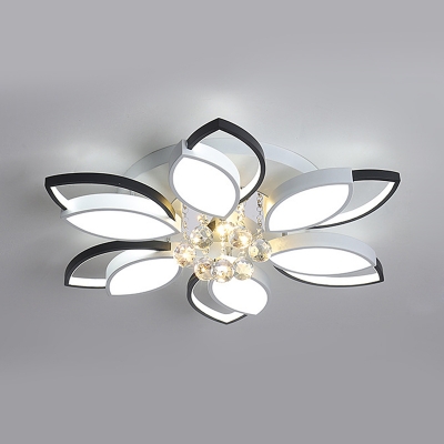 Acrylic Flower Flush Light Modern LED Bedroom Flush Mount in Black and White with Crystal Ball, Warm/White Light