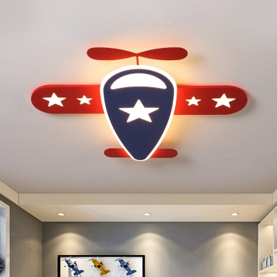 Airplane Flush Ceiling Light Cartoon Acrylic LED Bedroom Flush Mount in Red and Blue, White/Warm Light
