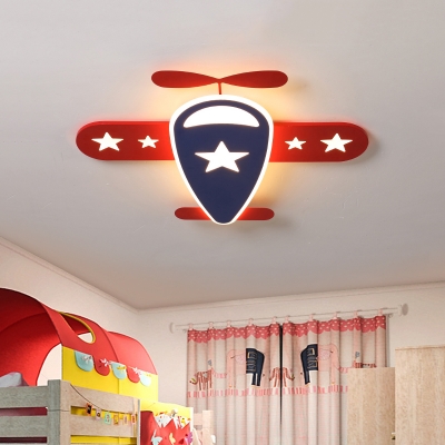 Airplane Flush Ceiling Light Cartoon Acrylic LED Bedroom Flush Mount in Red and Blue, White/Warm Light