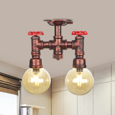 Amber Glass Spherical LED Semi Flush Vintage 2-Bulb Coffee House Flushmount Lighting in Copper