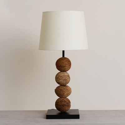 Barrel Shade Table Lamp Nordic Fabric 1 Head White Nightstand Light with Brown Nut Base